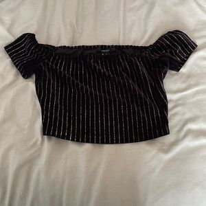 Forever 21 Black and Glitter Striped Off the Shoulder Crop Top